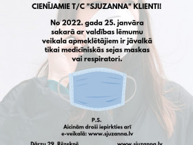 NO 2022. GADA 25. JANVĀRA SAKARĀ AR VALDĪBAS LĒMUMU VEIKALA APMEKLĒTĀJIEM IR JĀVALKĀ TIKAI MEDICĪNISKĀS SEJAS MASKAS VAI RESPIRATORI